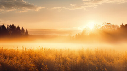 Beautiful golden meadow in the fog at sunrise