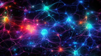 Fototapeta premium A backdrop featuring a neural network design, illuminated with vibrant neon colors. This creates a visually striking and futuristic aesthetic.