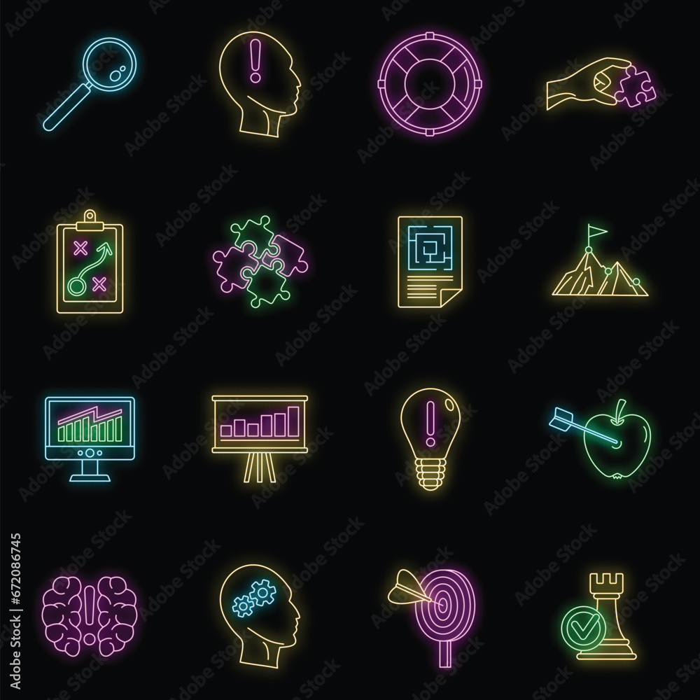 Poster problem solution icon set. outline set of problem solution vector icons neon color on black