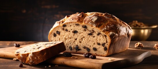 Bread made with whole grains walnuts and raisins - obrazy, fototapety, plakaty