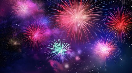 Naklejka premium fireworks in night sky, holiday background, bright colorful lights