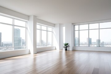 Fototapeta premium Empty modern room with white walls and large windows Minimalist interior design in a luxury apartment The space is clean and contemporary by Generative AI