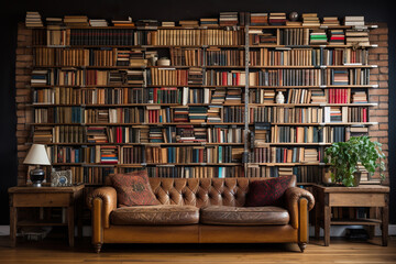 A wall with overflowing bookshelves up to the ceiling, a sofa next to the bookshelves. Generated by artificial intelligence - obrazy, fototapety, plakaty