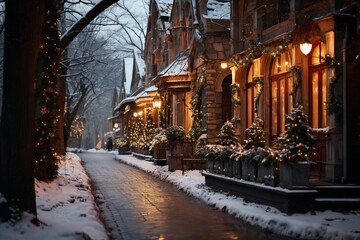 city street in winter, exteriors of houses decorated for Christmas or New Year's holiday, snow, street lights, festive environment