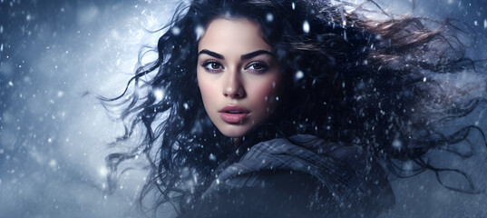 Banner of beautiful woman on the falling snow background