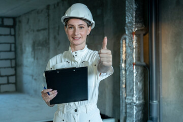 Young woman on a construction site inspects the renovation of a house. Architect at a construction...