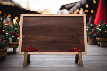 Top view of a brown wooden frame with Christmas decor around, mock up, place for a text 