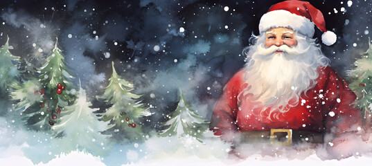 Watercolour illustration of Santa Claus on the Christmas tree background - obrazy, fototapety, plakaty