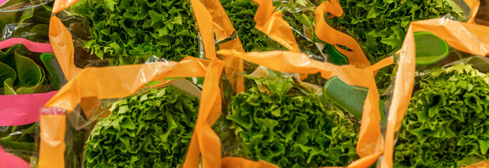 Leaf lettuce in packages on the counter in a supermarket. Healthy eating and vegetarianism. Top view. Close-up. Panorama format.