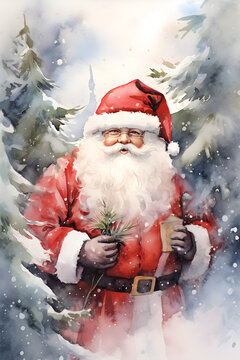 Watercolour illustration of Santa Claus on the Christmas tree background