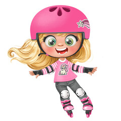 Cute cartoon girl wearing protective gear ride on roller skates