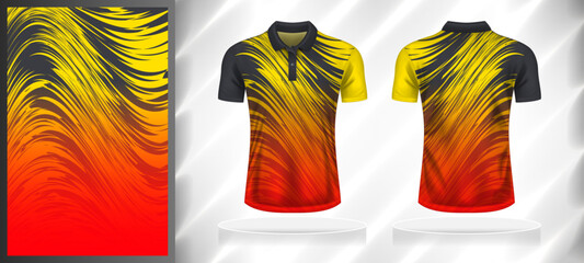 Vector sport pattern design template for Polo T-shirt front and back with short sleeve view mockup. Shades of grey-yellow-red color gradient abstract wave line texture background illustration. - obrazy, fototapety, plakaty