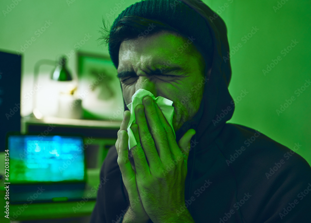 Poster Man, computer or sick hacker with virus in office for code, online fraud or cybersecurity crime at night. Tissue, fever or ill programmer blowing nose or working on software data scam or cyber attack
