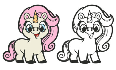 Cute cartoon baby unicorn coloring page