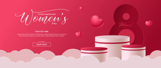 Realistic red 3D cylindrical podium with 8 march shaped background for women's day banner. Women's day minimal scene for products showcase, Promotional display. Vector room platforms.