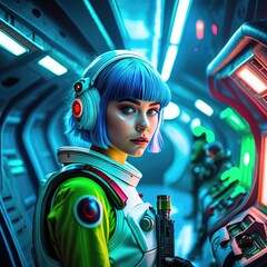 Girl astronaut spaceship pilot exploring outer space