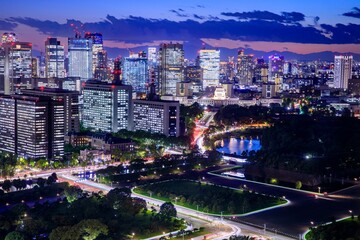 東京都、皇居外苑と霞ヶ関の夜景