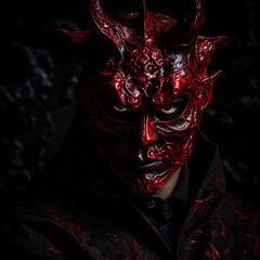Man in devil mask on black background.