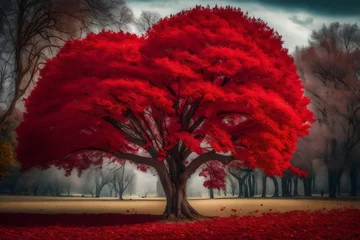 Muurstickers red color tree in the autumn © Zoraiz