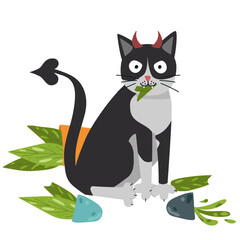 the demon cat broke the flowers. vector design on white background