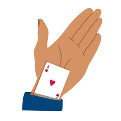 Businessman hides aces playing cards in his sleeve. Ace in the pocket. Concept of backup or plan B, second chance. Male hand, cheating. flat cartoon style. vector design