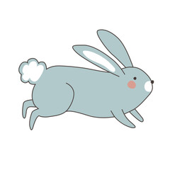 A funny blue bunny is jumping. flat cartoon style. vector design