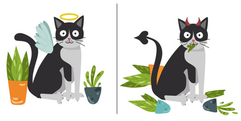 Cute cat broke the flowers. vector design on white background