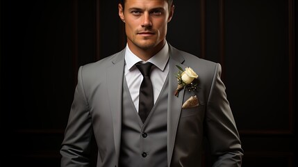 picture of a groom in a charcoal gray pent coat, paired with a light gray waistcoat and black dress pants.