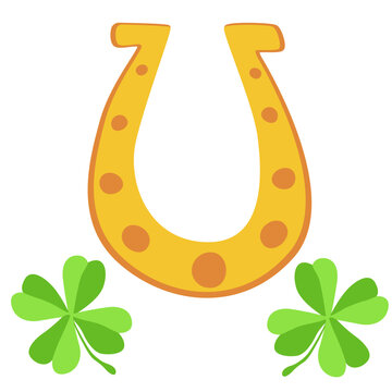 Golden horseshoe for good luck and clover. flat cartoon style. vector design