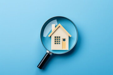 House search, home buying and selling, loan, mortgage and real estate investment. Choice of real estate to buy and invest in. Magnifying glass and house icon on blue background. Hunt for new property - obrazy, fototapety, plakaty