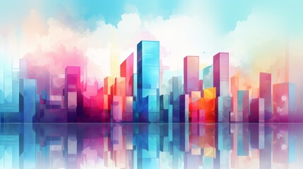 a colorful city skyline with clouds and blue sky