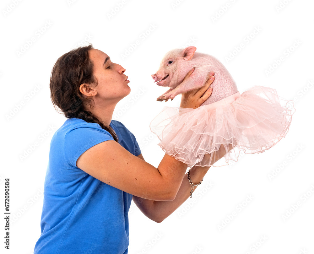 Wall mural miniature pig and woman in studio