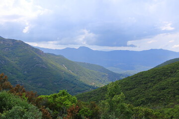 Naklejka na ściany i meble Mountain view from the Monte d'Ignascu (Aragnascu) near Ajaccio, Cuttoli-Corticchiato, Corsica, France