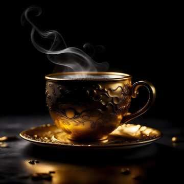 Exquisite Porcelain Cup, Hand-Painted with Golden Accents, Emitting a Whimsical Trail of Steam from the Irresistible Cup of Coffee. AI generated content