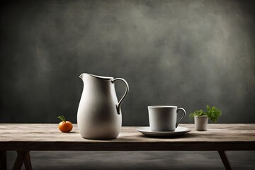 Jug and cup on table  - obrazy, fototapety, plakaty