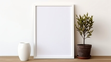 Mock-up square wood frame with home decor plants.