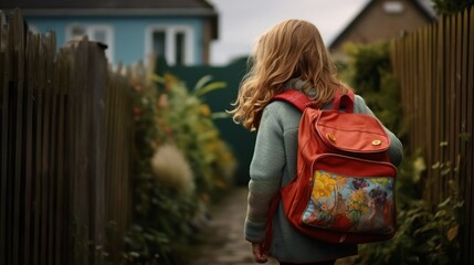a girl with a backpack walking down a path