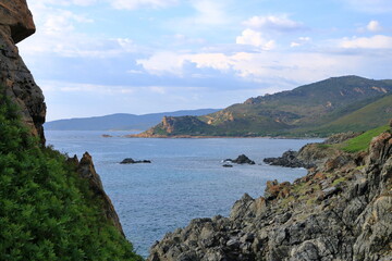 Fototapeta na wymiar view over Illes Sanguinaires, genoese tower and Pointe de la Parata near Ajaccio, Corsica, France