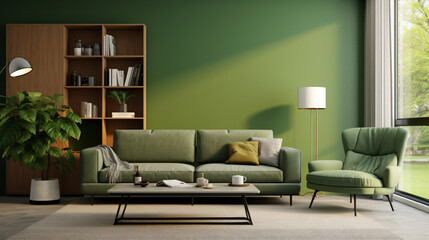 Modern 3D rendered living room with green wall.