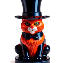 Porcelain statuette - cat in black cylinder on white background. AI generated content