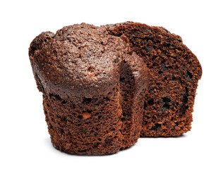 Chocolate muffin cut in half isolated on a white background. Chocolate chip muffin.