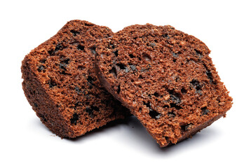 Chocolate muffin cut in half isolated on a white background. Chocolate chip muffin.