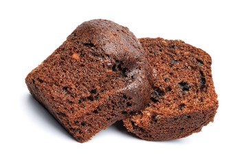 Chocolate muffin cut in half isolated on a white background. Chocolate chip muffin.