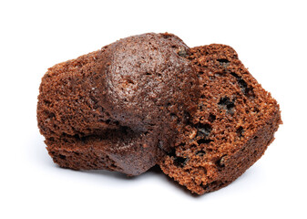 Chocolate muffin cut in half isolated on a white background. Chocolate chip muffin.