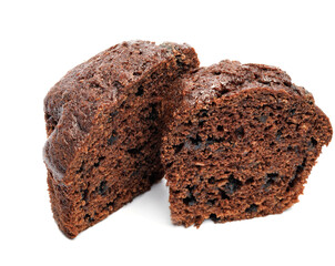 Chocolate muffin cut in half isolated on a white background. Chocolate chip muffin.