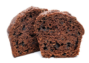 Chocolate muffin cut in half isolated on a white background. Chocolate chip muffin.