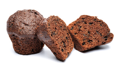 Whole and cut in half chocolate muffin isolated on white background. Chocolate chip muffin.