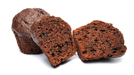 Whole and cut in half chocolate muffin isolated on white background. Chocolate chip muffin.