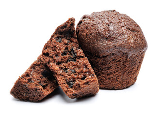 Whole and broken into pieces chocolate muffin isolated on a white background. Chocolate chip muffin.