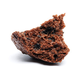 Broken piece of chocolate muffin isolated on white background. Chocolate chip muffin.